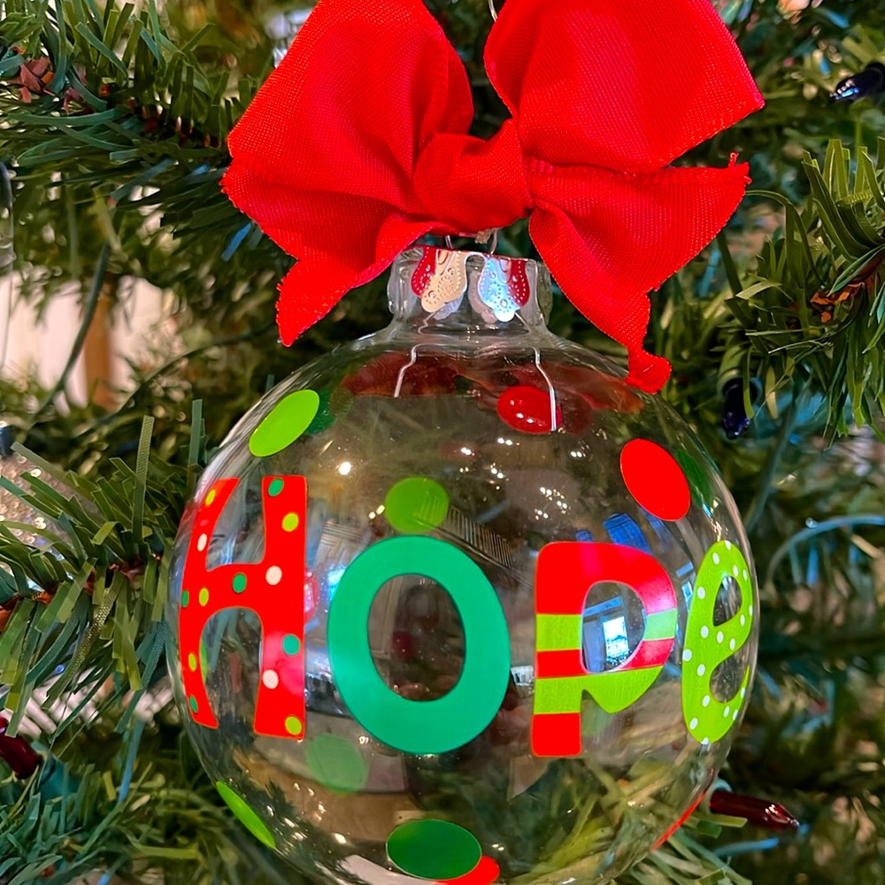 🎄HOPE🎄GLASS ORNAMENT W/ BOW AND HANGER GREEN/RED POLKA DOTS LARGE NWT